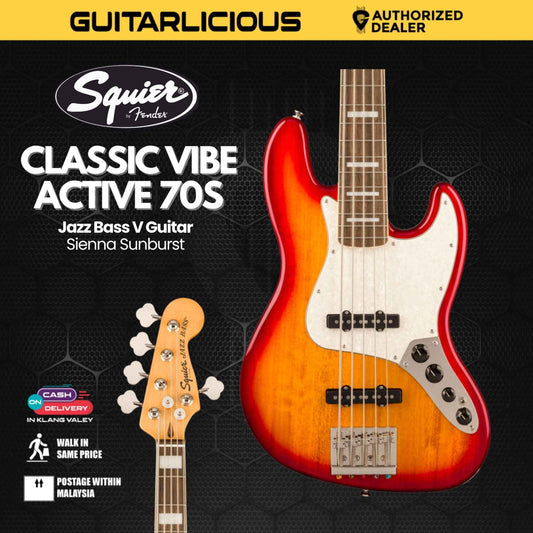 Squier Classic Vibe Active 70s Jazz Bass V Guitar, Laurel FB, Sienna Sunburst