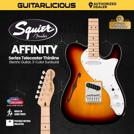 Squier Affinity Series Telecaster Thinline Electric Guitar, Maple FB, 3-Color Sunburst
