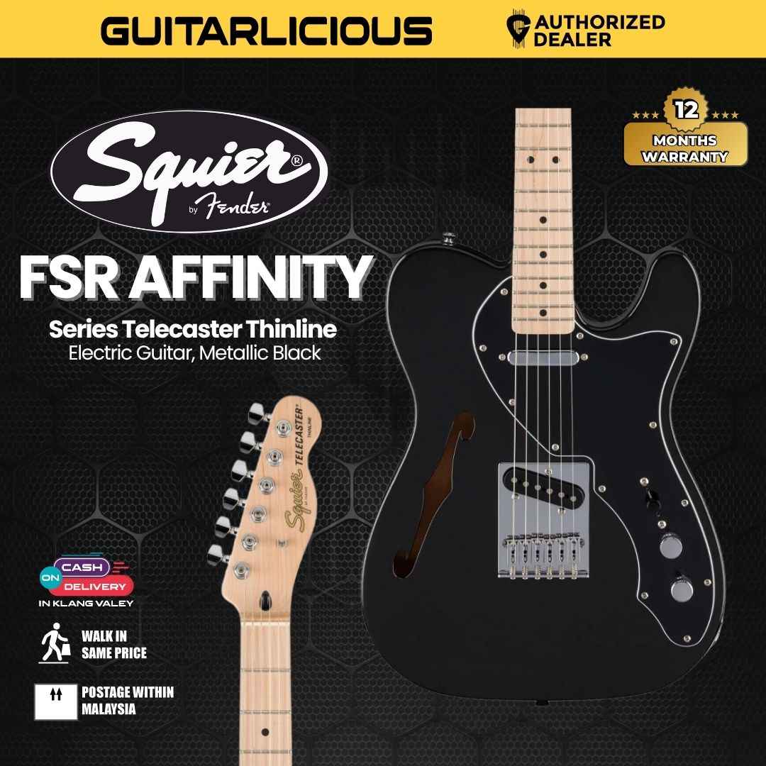 Squier FSR Affinity Series Telecaster Thinline Electric Guitar, Maple FB, Metallic Black
