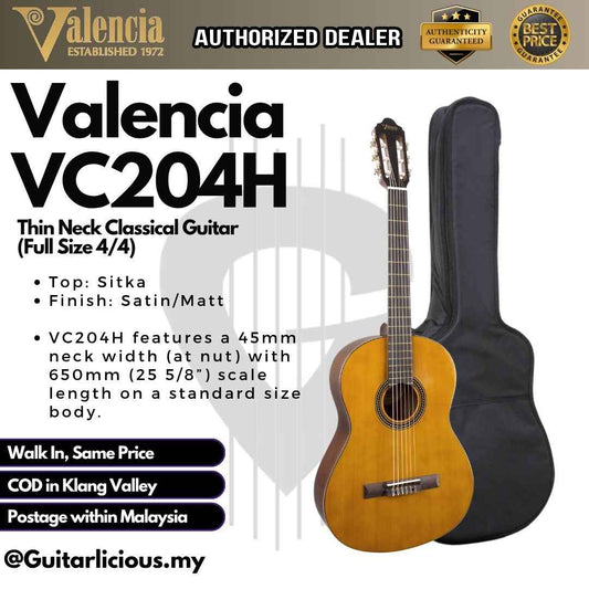Valencia VC204H Thin Neck Classical Guitar (Full Size 4/4)