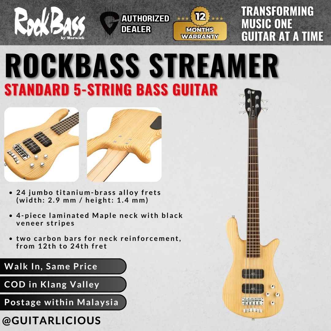 Warwick RockBass Streamer Standard 5-String Bass Guitar, Natural Transparent Satin