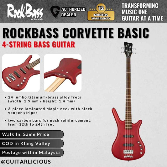 Warwick RockBass Corvette Basic 4-String Bass Guitar, Burgundy Red Transparent Satin