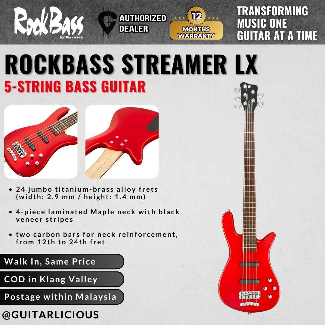 Warwick RockBass Streamer LX 5-String Bass Guitar, Red Metallic High Polish
