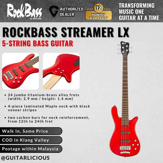 Warwick RockBass Streamer LX 5-String Bass Guitar, Red Metallic High Polish