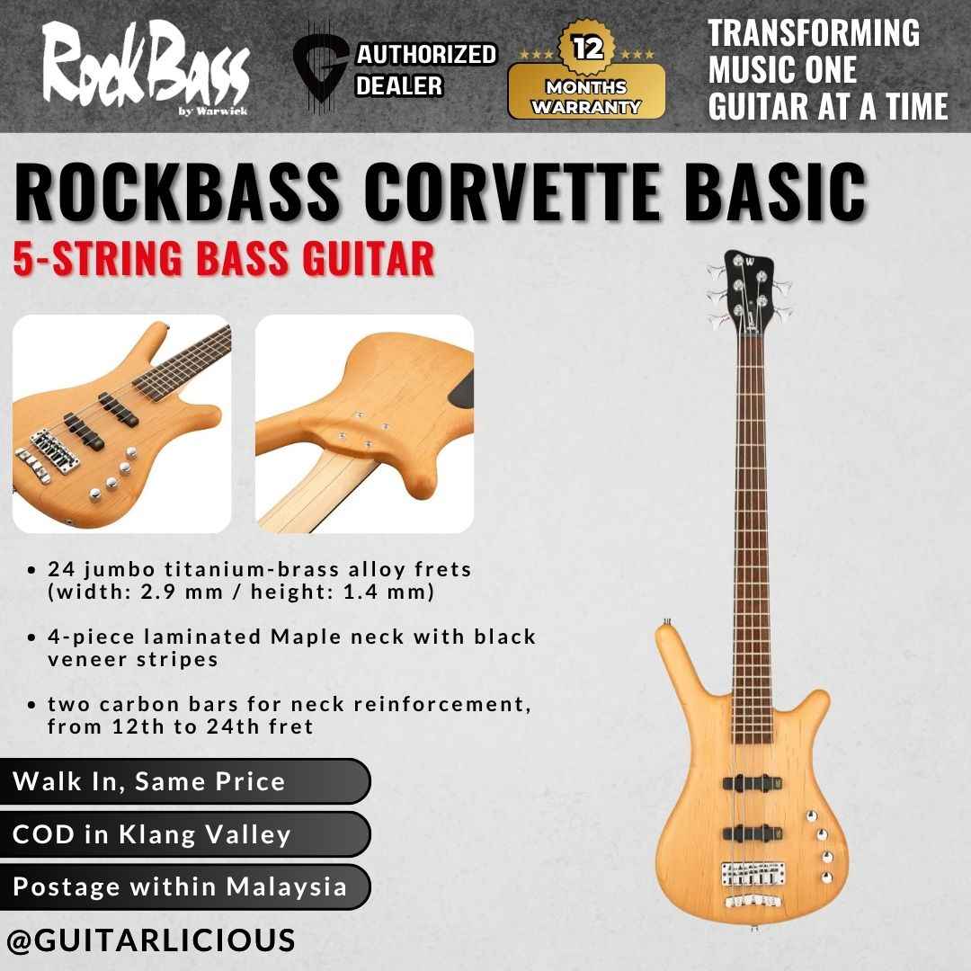 Warwick RockBass Corvette Basic 5-String Bass Guitar, Natural Transparent Satin