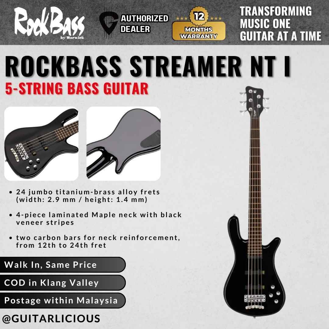 Warwick RockBass Streamer NT I 5-String Bass Guitar, Solid Black High Polish