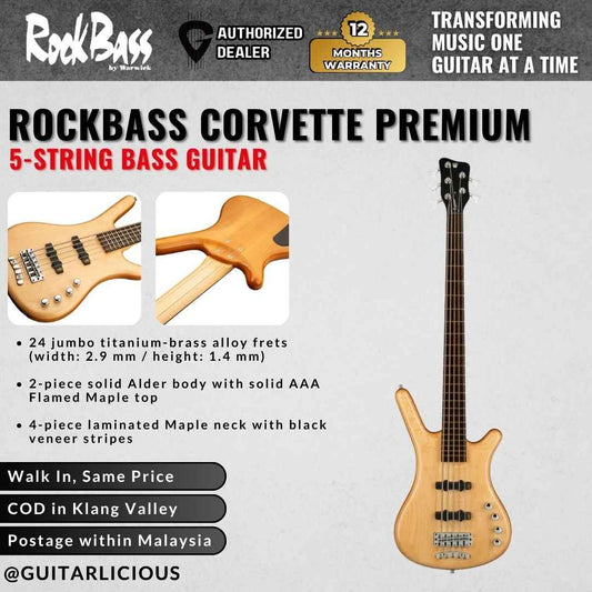 Warwick RockBass Corvette Premium 5-String Bass Guitar, Natural Transparent High Polish