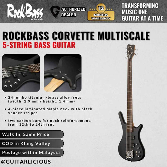 Warwick RockBass Corvette Multiscale 5-String Bass Guitar, Solid Black Satin