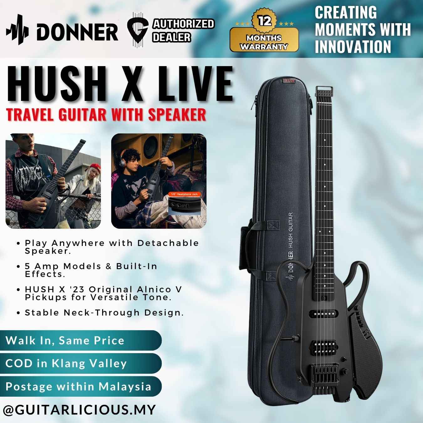 Donner HUSH X LIVE Travel Guitar with Speaker – GUITARLICIOUS Malaysia