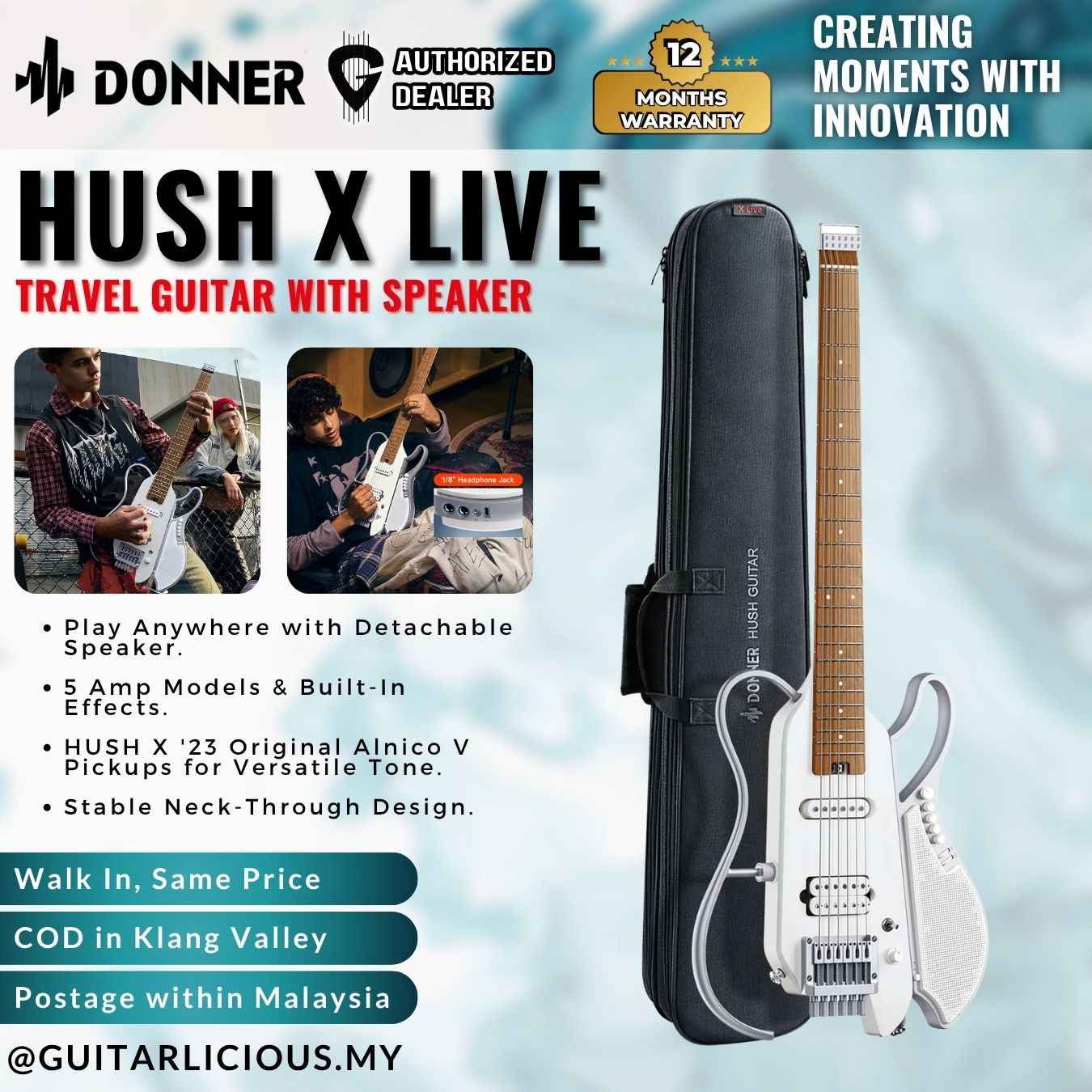 Donner HUSH X LIVE Travel Guitar with Speaker – GUITARLICIOUS