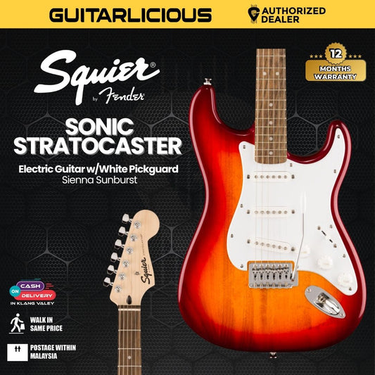 Squier Sonic Stratocaster Electric Guitar w/White Pickguard, Laurel FB, Sienna Sunburst