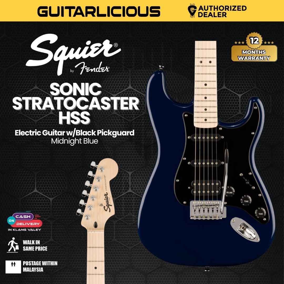 Squier Sonic Stratocaster HSS Electric Guitar w/Black Pickguard, Maple FB, Midnight Blue