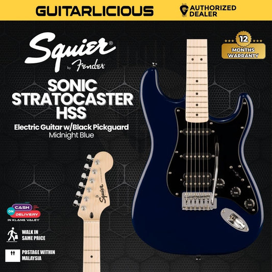 Squier Sonic Stratocaster HSS Electric Guitar w/Black Pickguard, Maple FB, Midnight Blue