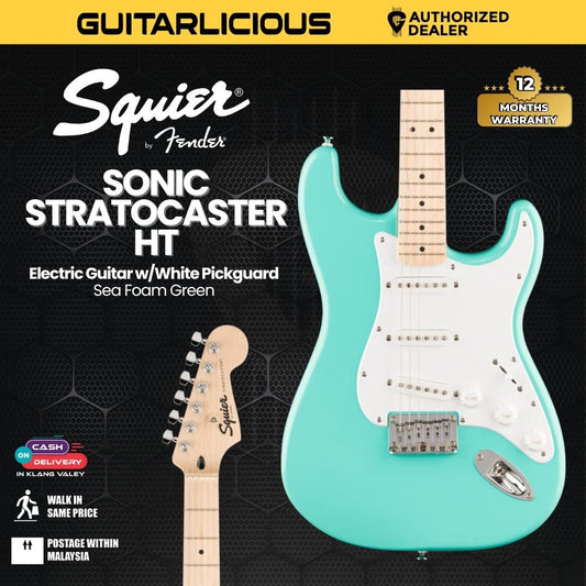 Squier Sonic Stratocaster HT Electric Guitar w/White Pickguard, Maple FB, Sea Foam Green