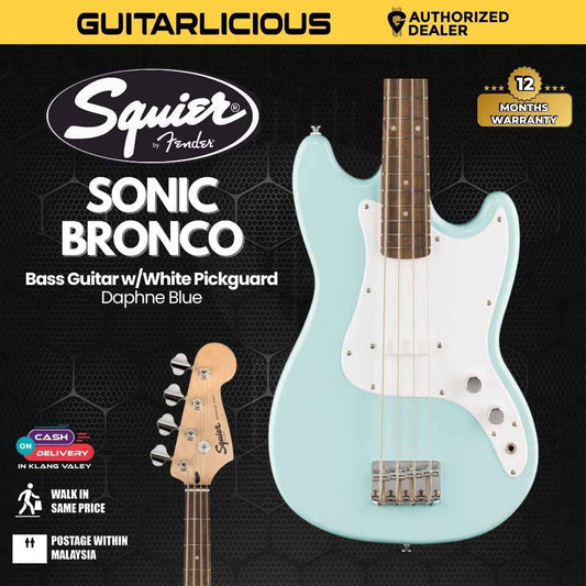 Squier Sonic Bronco Bass Guitar w/White Pickguard, Laurel FB, Daphne Blue