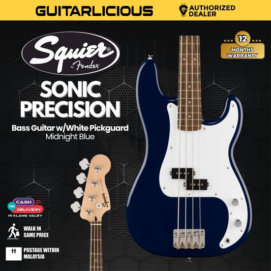 Squier Sonic Precision Bass Guitar w/White Pickguard, Laurel FB, Midnight Blue
