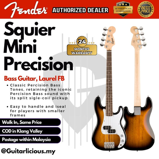 Squier Mini Precision Bass Guitar, Laurel FB, Black , Laurel FB, 2-Color Sunburst