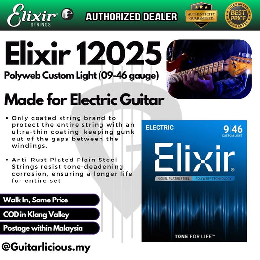 Elixir 12025 Polyweb Custom Light Electric Guitar Strings, 09-46