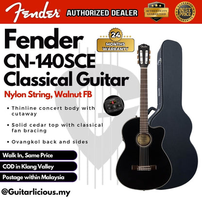 Fender CN-140SCE Nylon Classical Guitar w/Case, Walnut FB - Black