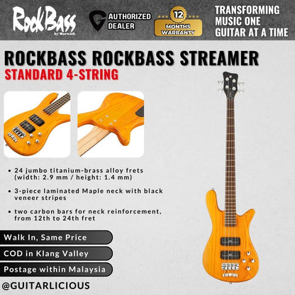 Warwick RockBass Streamer Standard 4-String Bass Guitar, Honey Violin Transparent Satin