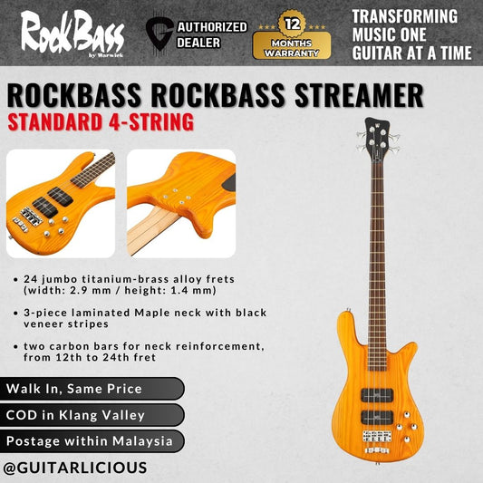 Warwick RockBass Streamer Standard 4-String Bass Guitar, Honey Violin Transparent Satin