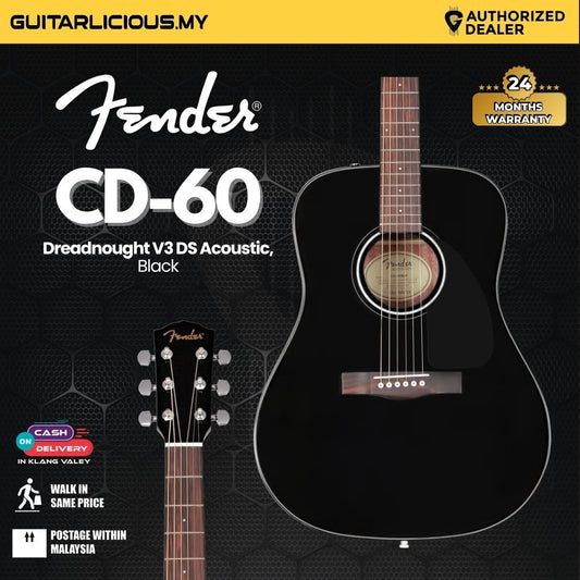 Fender CD-60 Dreadnought V3 DS Acoustic Guitar, Walnut FB - Black