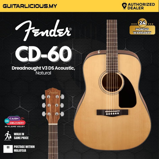Fender CD-60 Dreadnought V3 DS Acoustic Guitar, Walnut FB - Natural