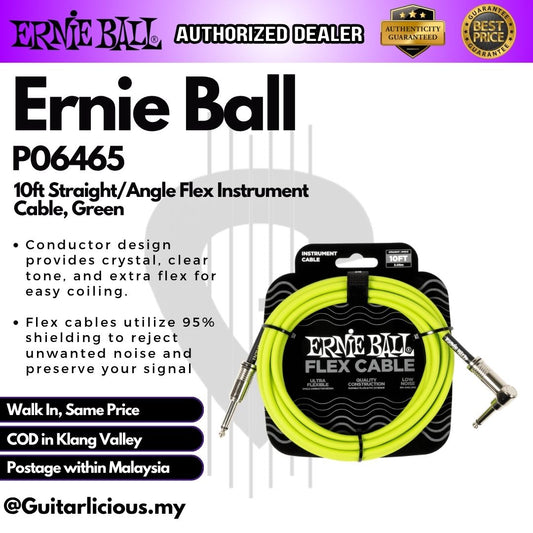 Ernie Ball P06465 10ft Straight/Angle Flex Instrument Cable, Green - EB6465