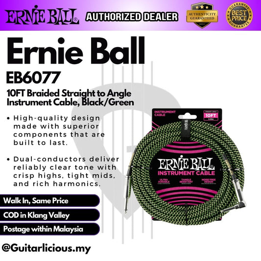 Ernie Ball 10FT Braided Straight to Angle Instrument Cable, Black/Green - EB6077