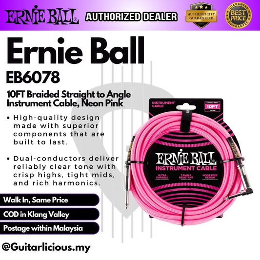 Ernie Ball 10FT Braided Straight to Angle Instrument Cable, Neon Pink - EB6078