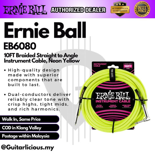 Ernie Ball 10FT Braided Straight to Angle Instrument Cable, Neon Yellow - EB6080