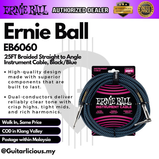 Ernie Ball 25FT Braided Straight to Angle Instrument Cable, Black/Blue - EB6060