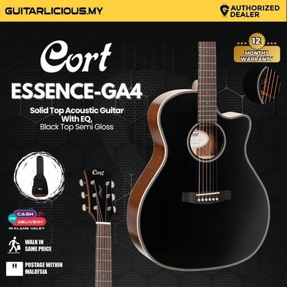 Cort Essence-Series ESGA4 Solid Top Acoustic Guitar W/EQ & Bag (Black Top Semi Gloss)