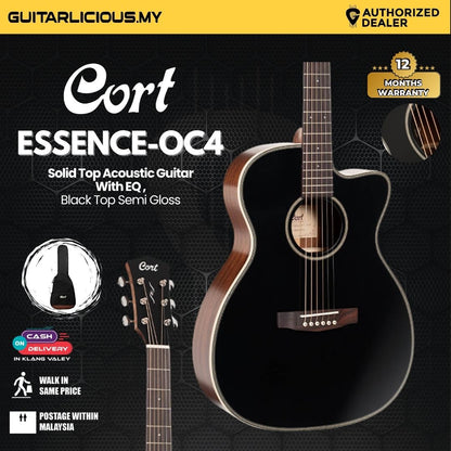 Cort Essence-Series ESOC4 Solid Top Acoustic Guitar W/EQ & Bag (Black Top Semi Gloss)