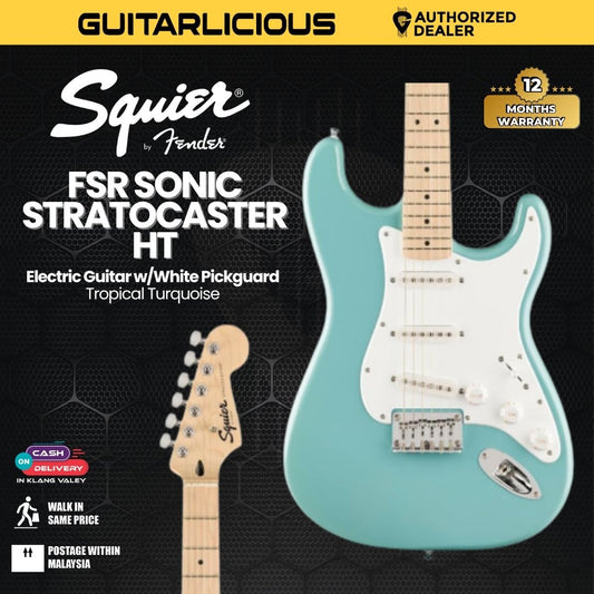 Squier FSR Sonic Stratocaster HT Electric Guitar w/White Pickguard, Maple FB, Tropical Turquoise