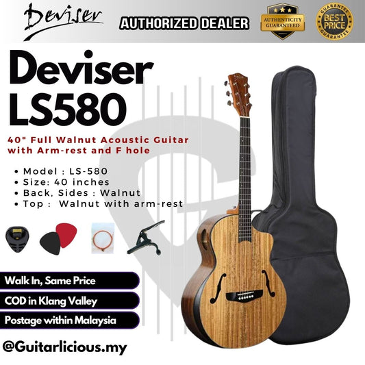 Deviser 40" Full Walnut Acoustic Guitar with Arm-rest and F hole - LS580