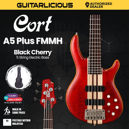 Cort A5 Plus FMMH 5-String Bass Guitar with Bag - Open Pore Black Cherry