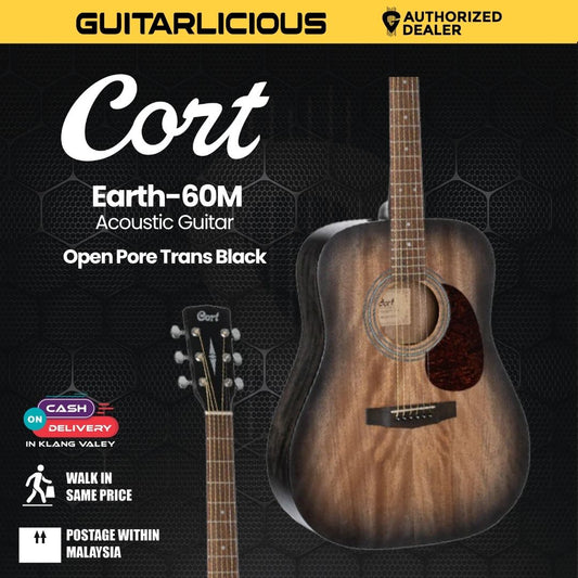 Cort Earth-60M Acoustic Guitar with Bag - Open Pore Black Burst