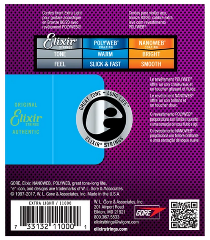 Elixir Strings 11000 Polyweb 80/20 Bronze Acoustic Guitar Strings (Extra Light) - (010-047)