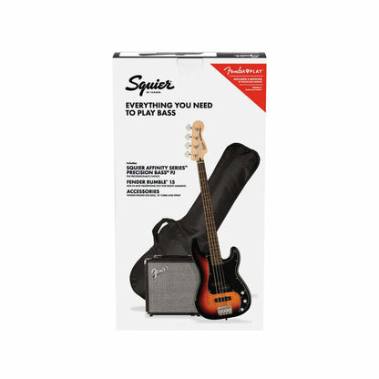 Squier By Fender Affinity Series PJ 4 String Bass Guitar Pack with Rumble 15, Laurel FB, 3-color Sunburst