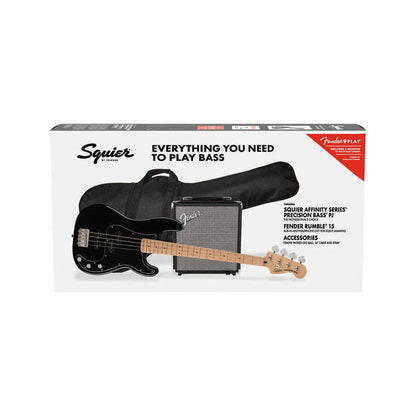 Squier By Fender Affinity Series PJ 4 String Bass Guitar Pack with Rumble 15, Maple FB, Black