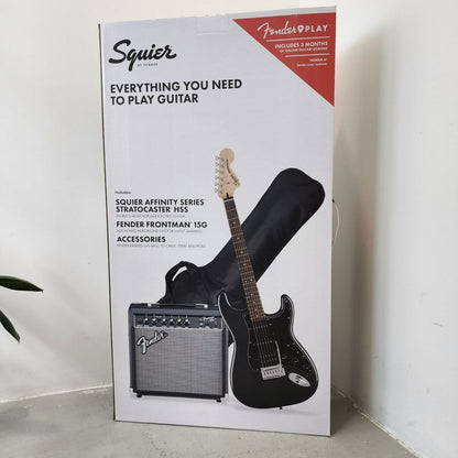 Squier Affinity Series HSS Stratocaster Guitar Pack, Laurel FB with Frontman 15G and Gig Bag - Charcoal Frost Metallic