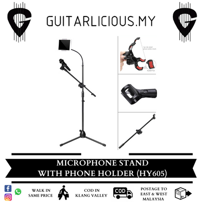 Adjustable Microphone Stand with Phone Holder Crocodile Clip for Busker & Performer (HY605 / HY-605 / HY 605)