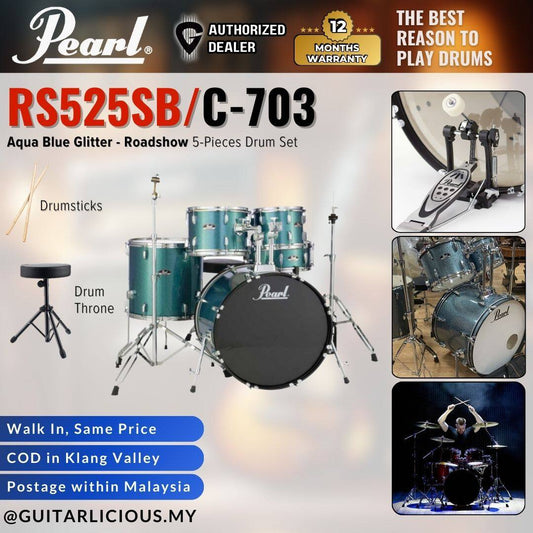 Pearl RS525SB/C-703 Roadshow 5-Pieces Standard Acoustic Drum Set - Aqua Blue Glitter (RS5252-SB)