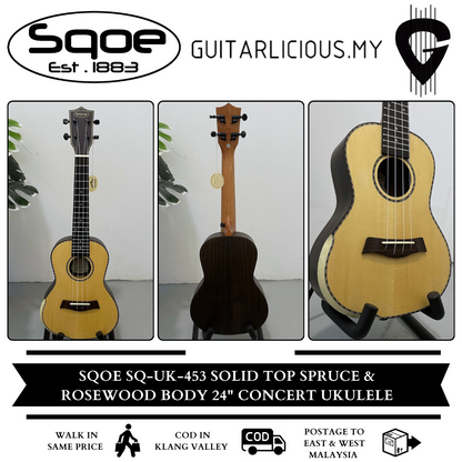 SQOE SQ-UK-453 , 24 inch Concert Solid Top Spruce & Rosewood Body Ukulele ( SQUK453 / SQ-UK / UK453 / 453)