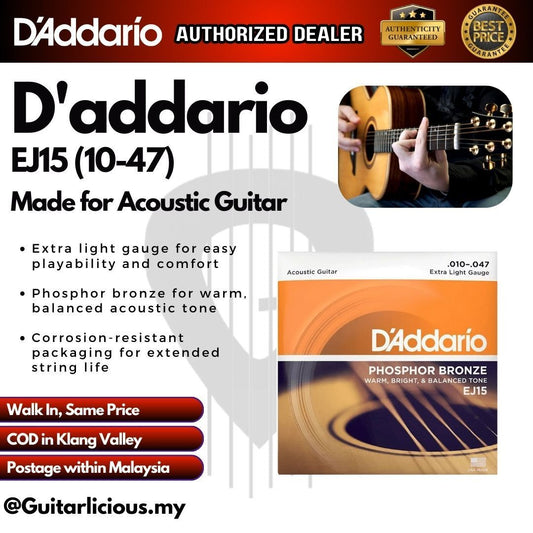 D’addario EJ15 Phosphor Bronze Acoustic Guitar Strings, Extra Light, 10-47 Gauge ( 010-047 )