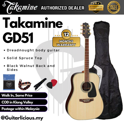 TAKAMINE GD51 NAT Dreadnought Cutaway Solid Spruce Top, Black Walnut Back & Side - NATURAL GD 51 GD-51 GD51NAT