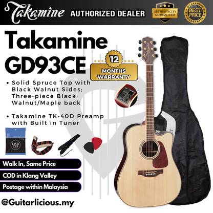 Takamine GD93CE NAT Dreadnought Cutaway Solid Spruce Top, Black Walnut 3PCS Back w Maple, Acoustic-Electric TK-40D EQ