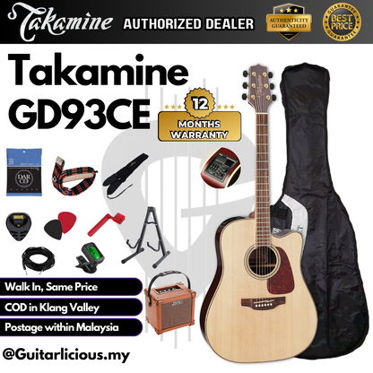 Takamine GD93CE NAT Dreadnought Cutaway Solid Spruce Top, Black Walnut 3PCS Back w Maple, Acoustic-Electric TK-40D EQ