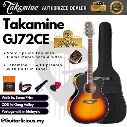 Takamine GJ72CE Solid Spruce Top Jumbo Cutaway Acoustic-Electric Guitar w TK-40D EQ - Brown Sunburst / GJ72-CE GJ-72CE